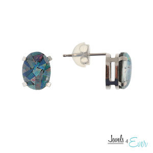10K Gold Stud Earrings with Genuine Blue Opal